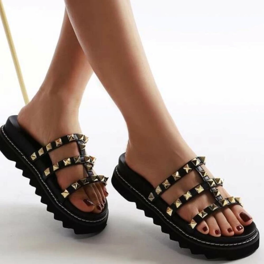 Black & gold studded sandals